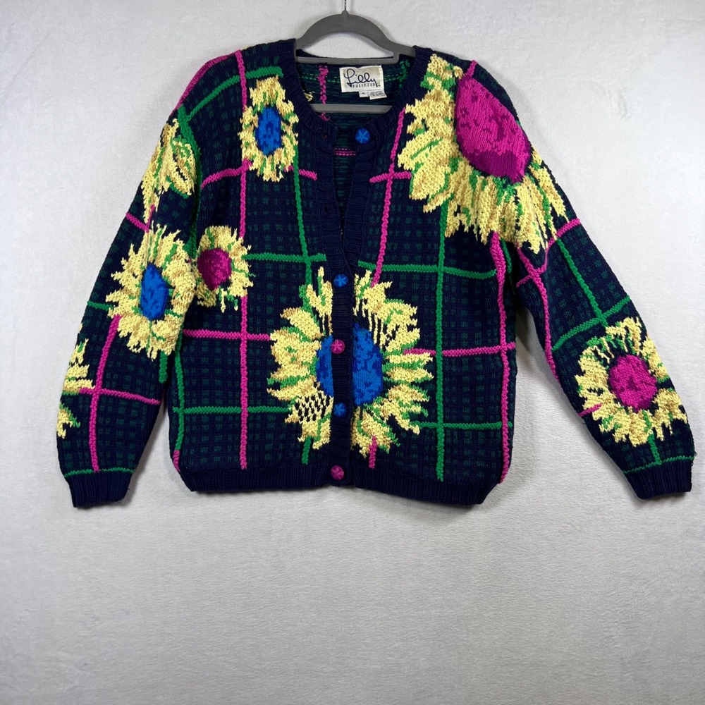 Lilly Pulitzer Vintage Sunflower Plaid Cotton Knit Cardigan Sweater Navy Blue M
